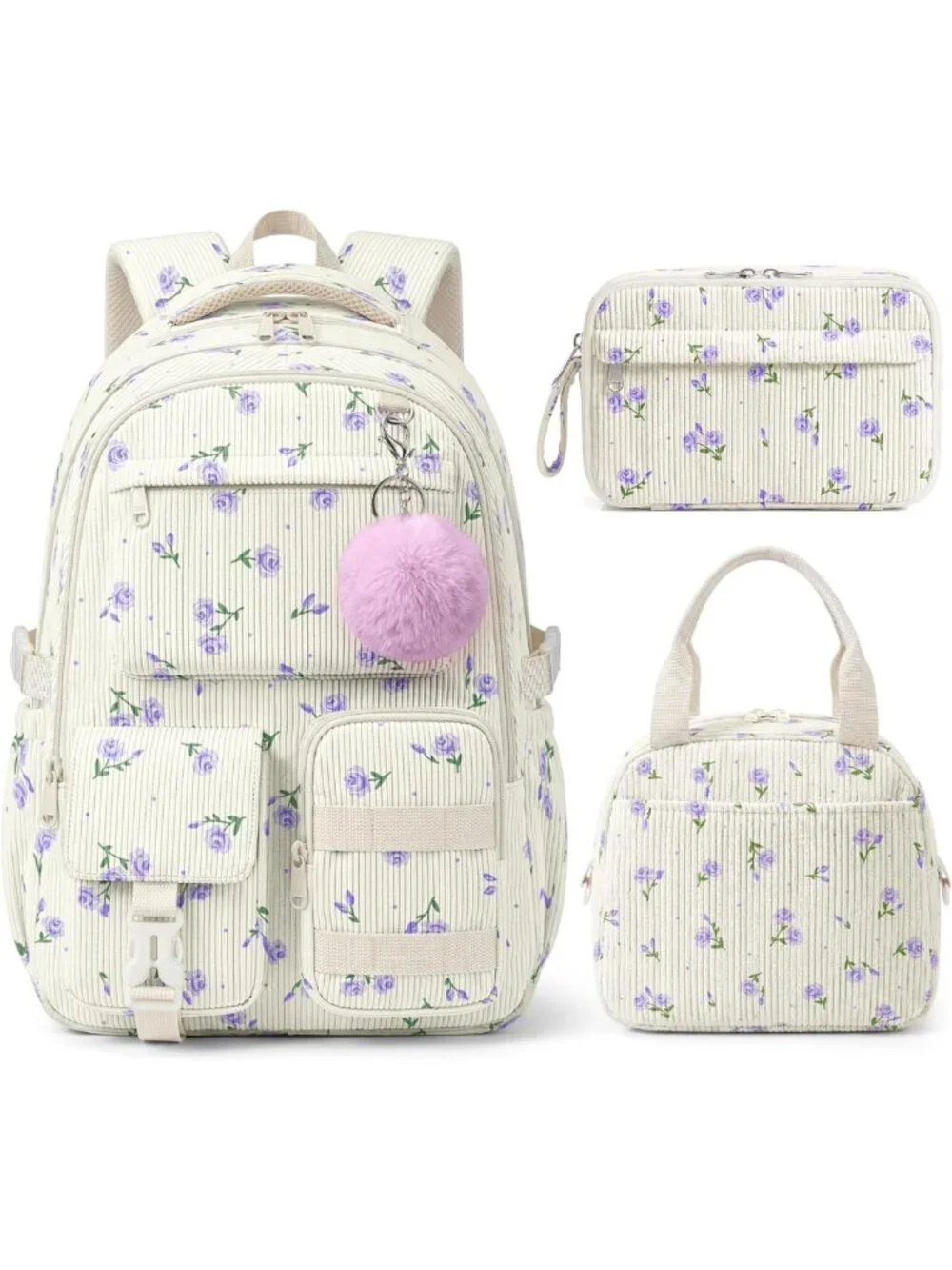 3-Piece Girls School Set: Corduroy Backpack, Lunch Bag & Large Pencil Case
